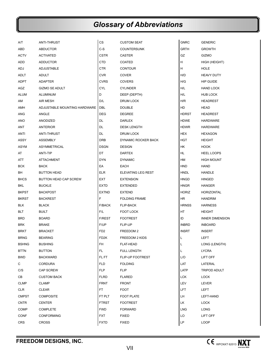 Glossary of abbreviations, Freedom designs, inc. vii | Freedom Designs Freedom NXT User Manual | Page 7 / 182