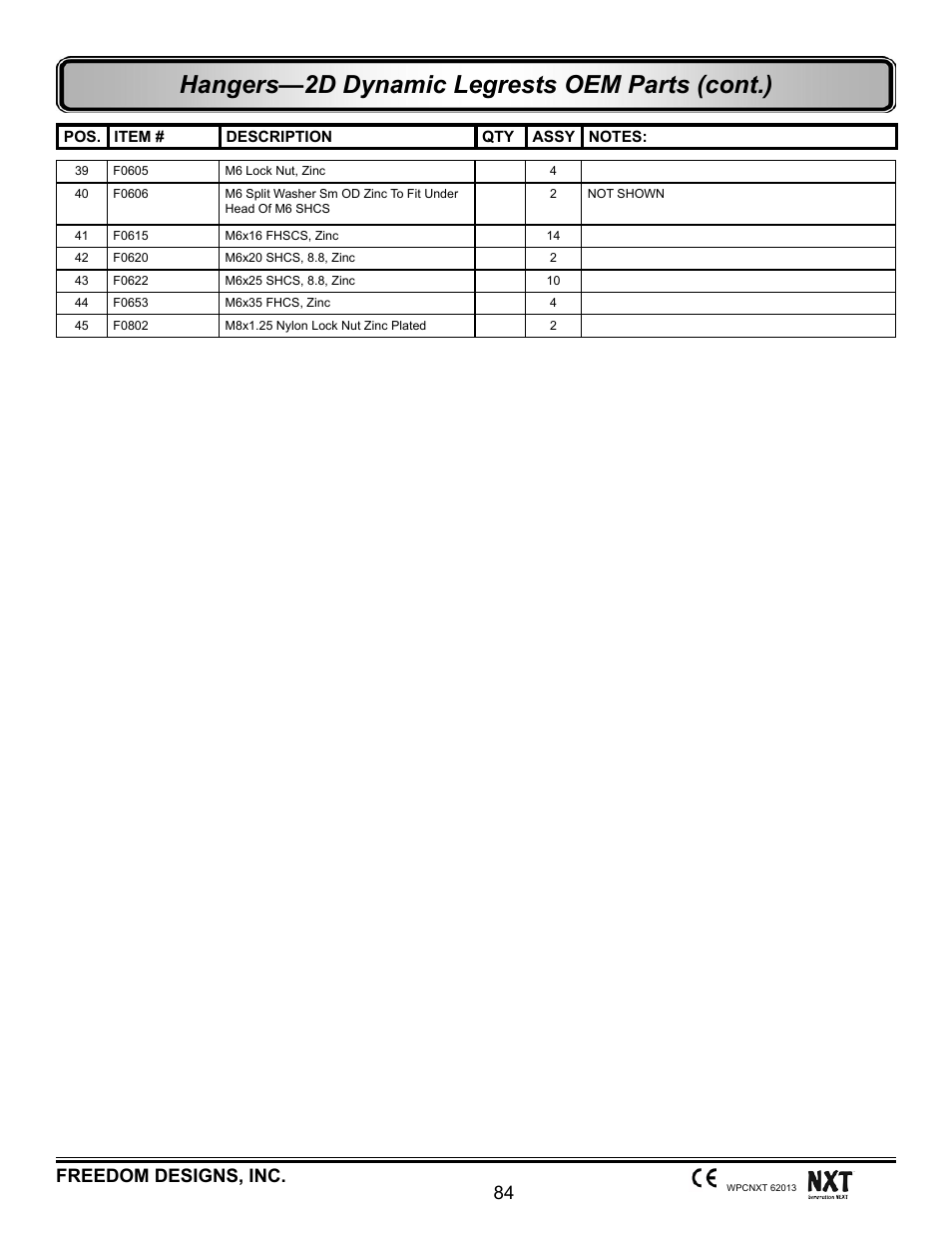 Hangers—2d dynamic legrests oem parts (cont.), 84 freedom designs, inc | Freedom Designs Freedom NXT User Manual | Page 93 / 182