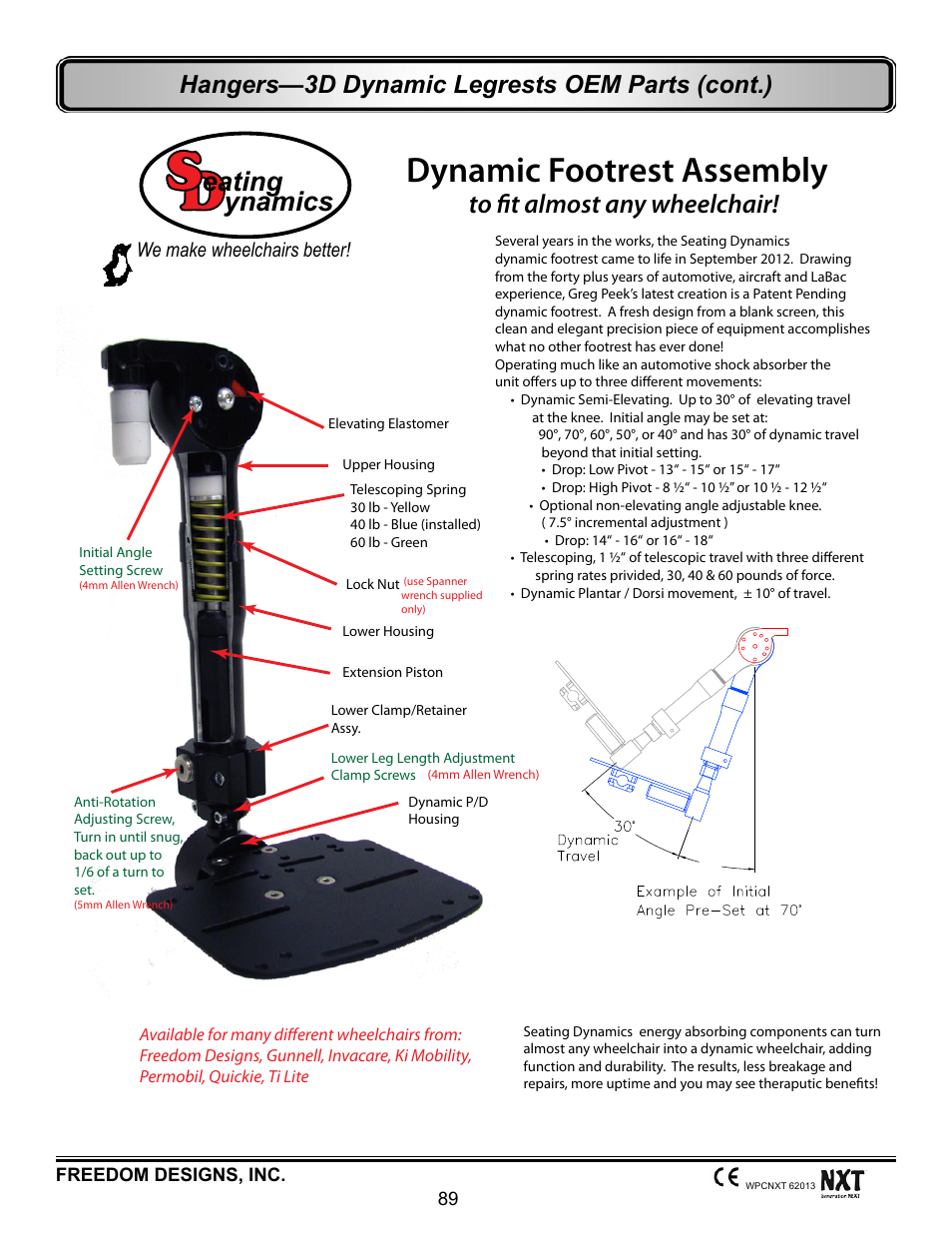 Dynamic footrest assembly, Ynamics, Eating | Hangers—3d dynamic legrests oem parts (cont.), Seating dynamics, We make wheelchairs better | Freedom Designs Freedom NXT User Manual | Page 98 / 182