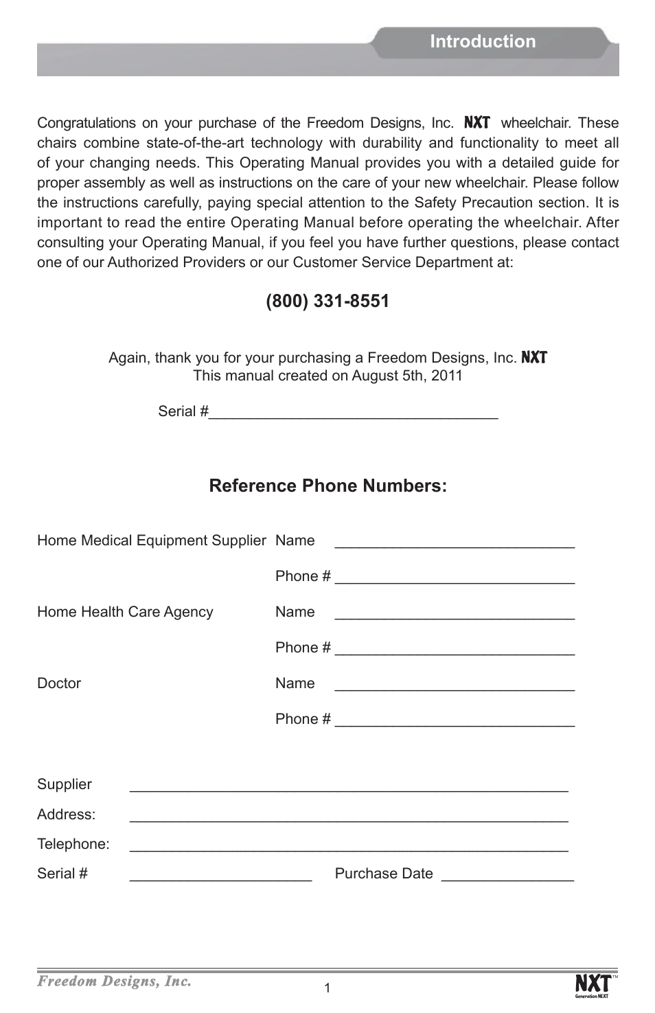 Reference phone numbers, Introduction | Freedom Designs Freedom NXT User Manual | Page 3 / 40