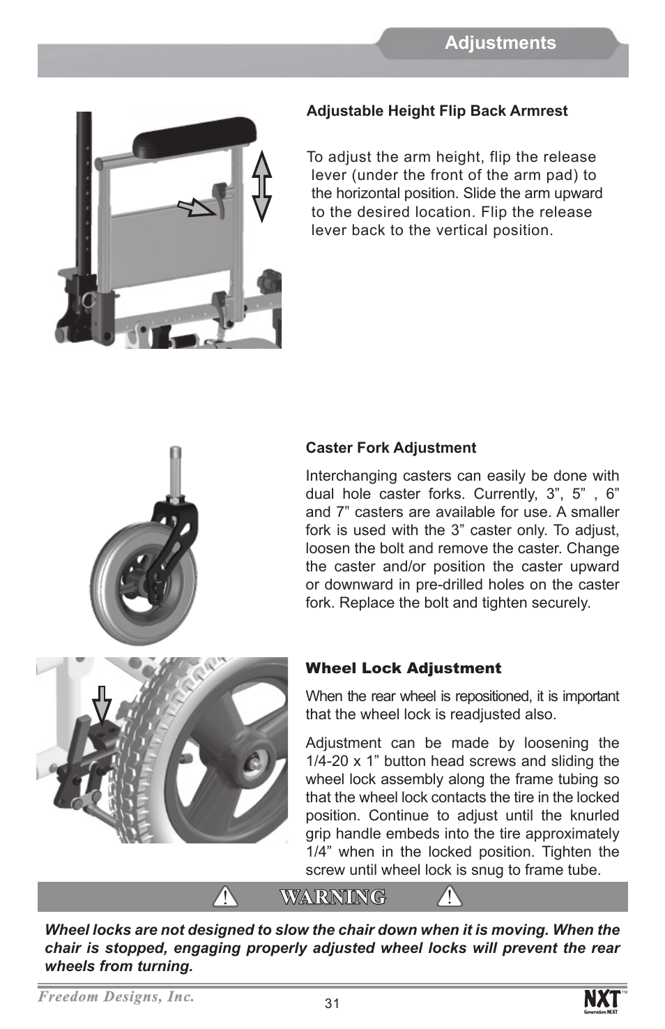 Warning, Adjustments | Freedom Designs Freedom NXT User Manual | Page 33 / 40