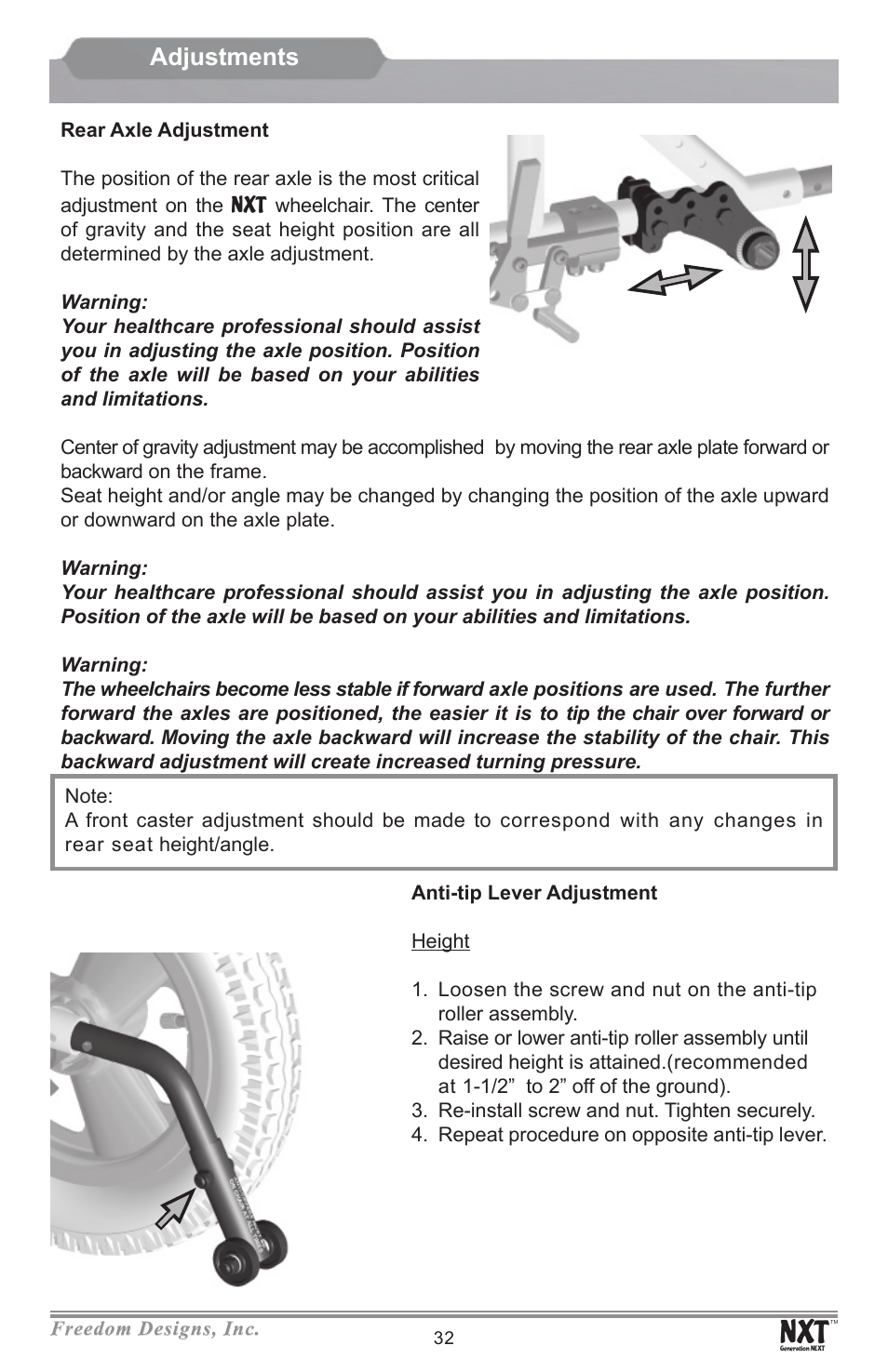 Adjustments | Freedom Designs Freedom NXT User Manual | Page 34 / 40
