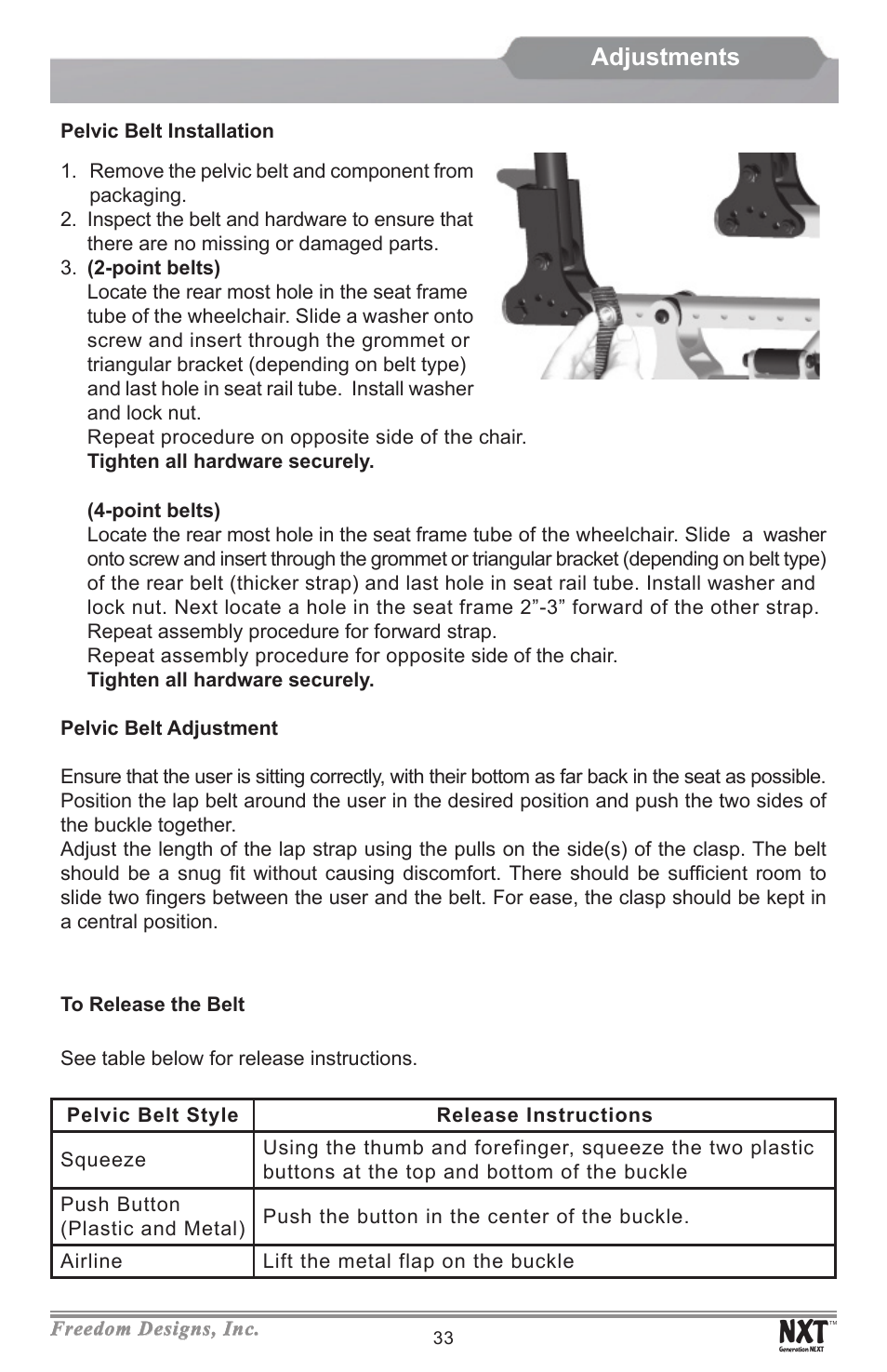 Adjustments | Freedom Designs Freedom NXT User Manual | Page 35 / 40
