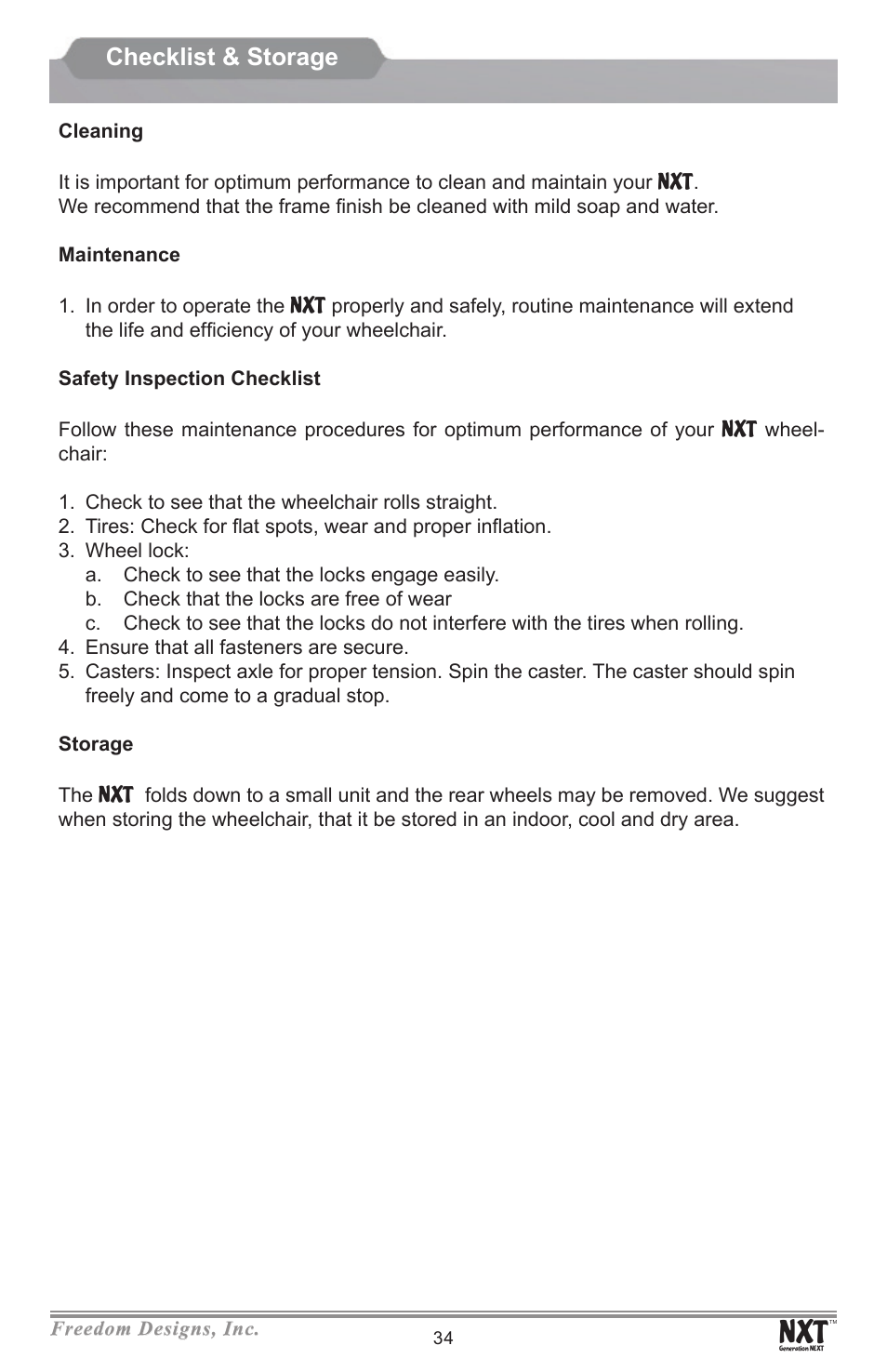 Checklist & storage | Freedom Designs Freedom NXT User Manual | Page 36 / 40