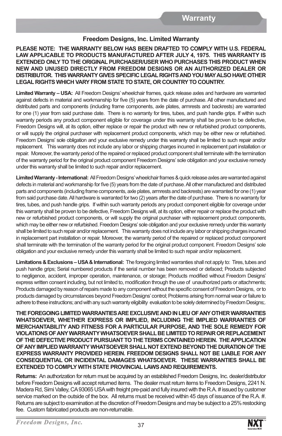 Warranty | Freedom Designs Freedom NXT User Manual | Page 39 / 40