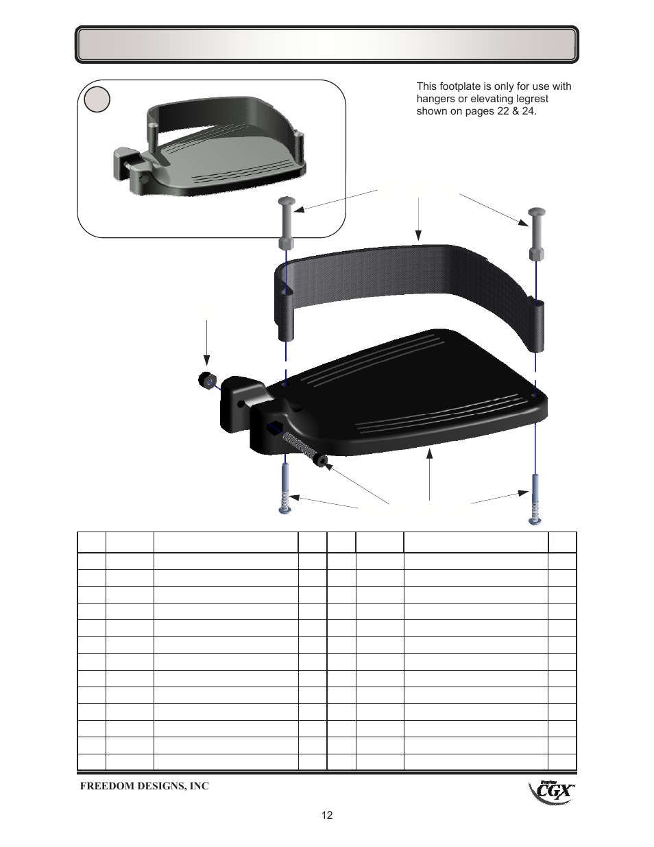 Footrests—composite flip-up footplate | Freedom Designs Freedom CGX User Manual | Page 14 / 32