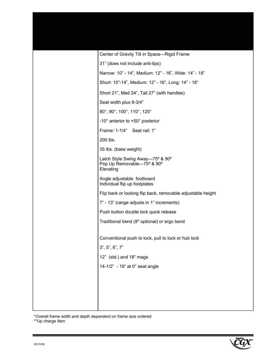 Freedom cgx, Specifications | Freedom Designs Freedom CGX User Manual | Page 19 / 36