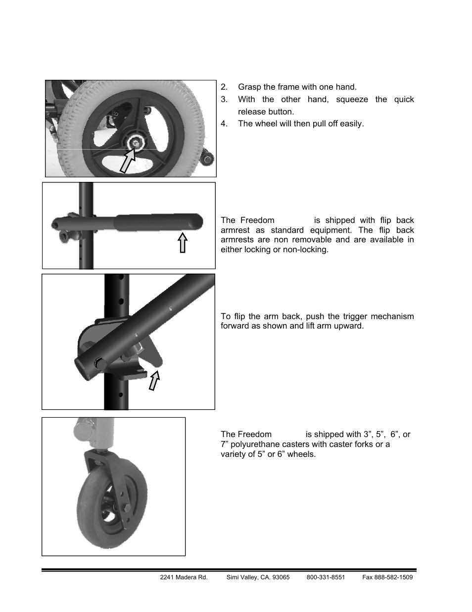 Main frame, Flip back arm, Locking flip back arm | Casters | Freedom Designs Freedom CGX User Manual | Page 26 / 36