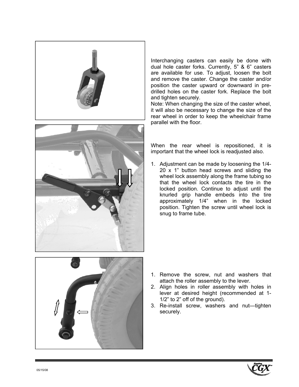 Adjustments, Caster fork adjustment, Wheel lock adjustment | Anti-tip lever adjustment | Freedom Designs Freedom CGX User Manual | Page 29 / 36