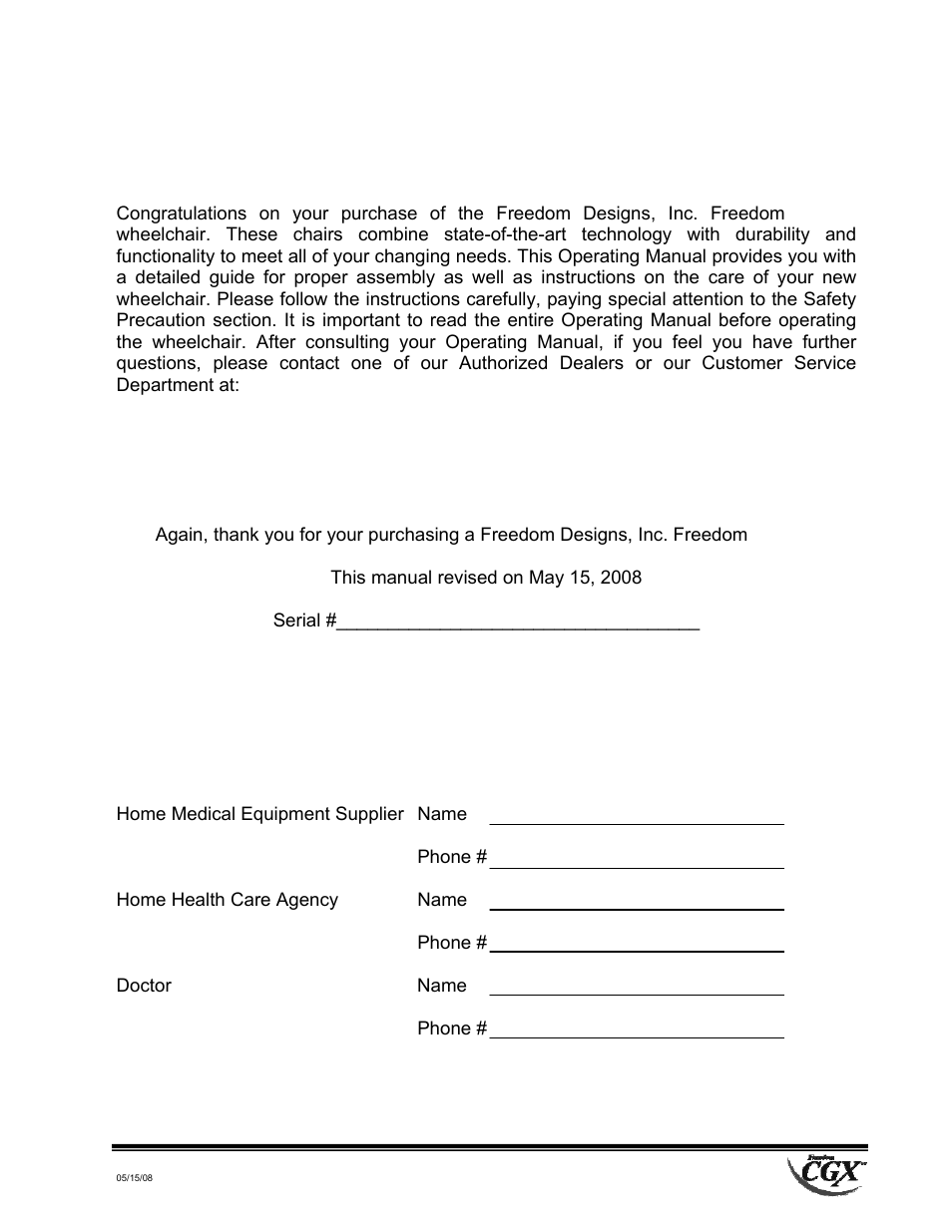 Introduction, Reference phone numbers | Freedom Designs Freedom CGX User Manual | Page 3 / 36