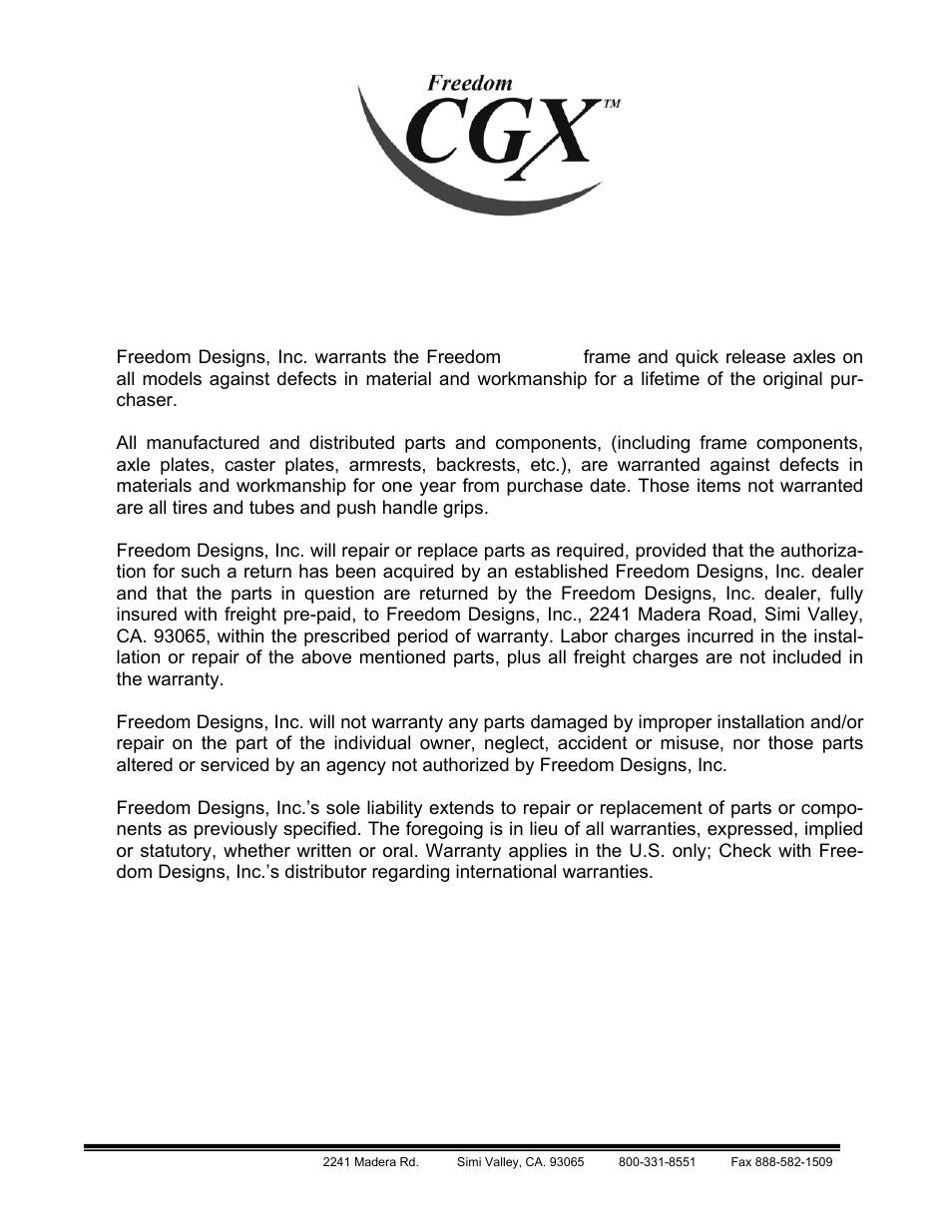 Limited warranty | Freedom Designs Freedom CGX User Manual | Page 34 / 36