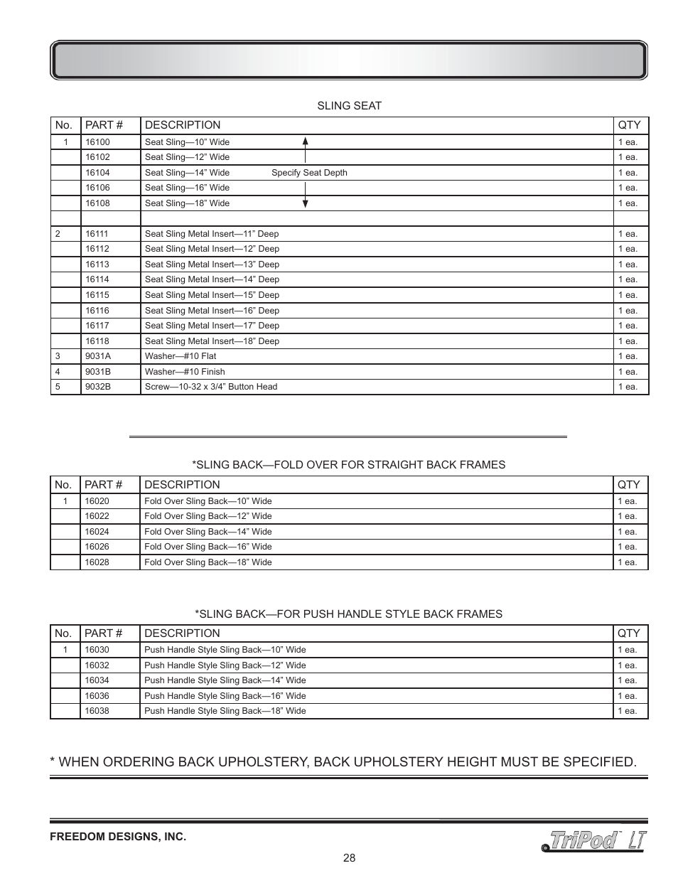 Upholstery - seats & backs | Freedom Designs TriPod LT User Manual | Page 30 / 32