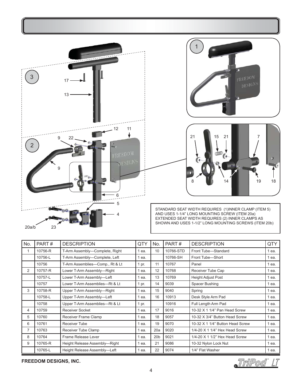 Armrests - adjustable height, standard | Freedom Designs TriPod LT User Manual | Page 6 / 32