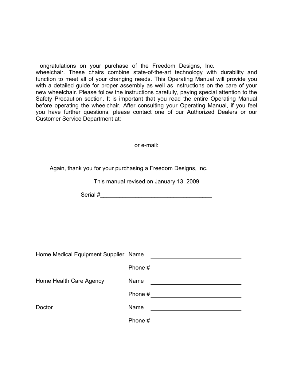 Introduction, Reference phone numbers | Freedom Designs TriPod LT User Manual | Page 2 / 36