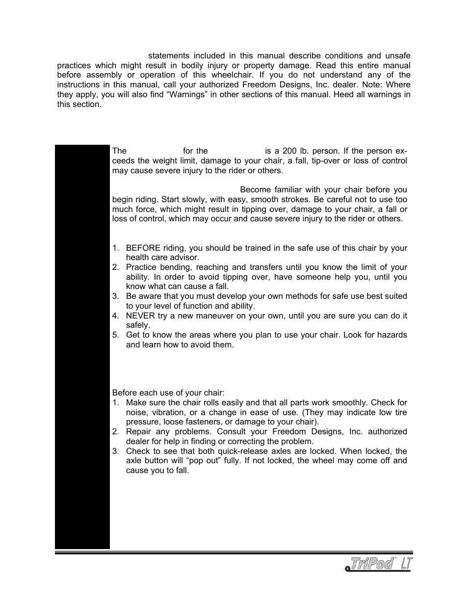 General warnings | Freedom Designs TriPod LT User Manual | Page 5 / 36