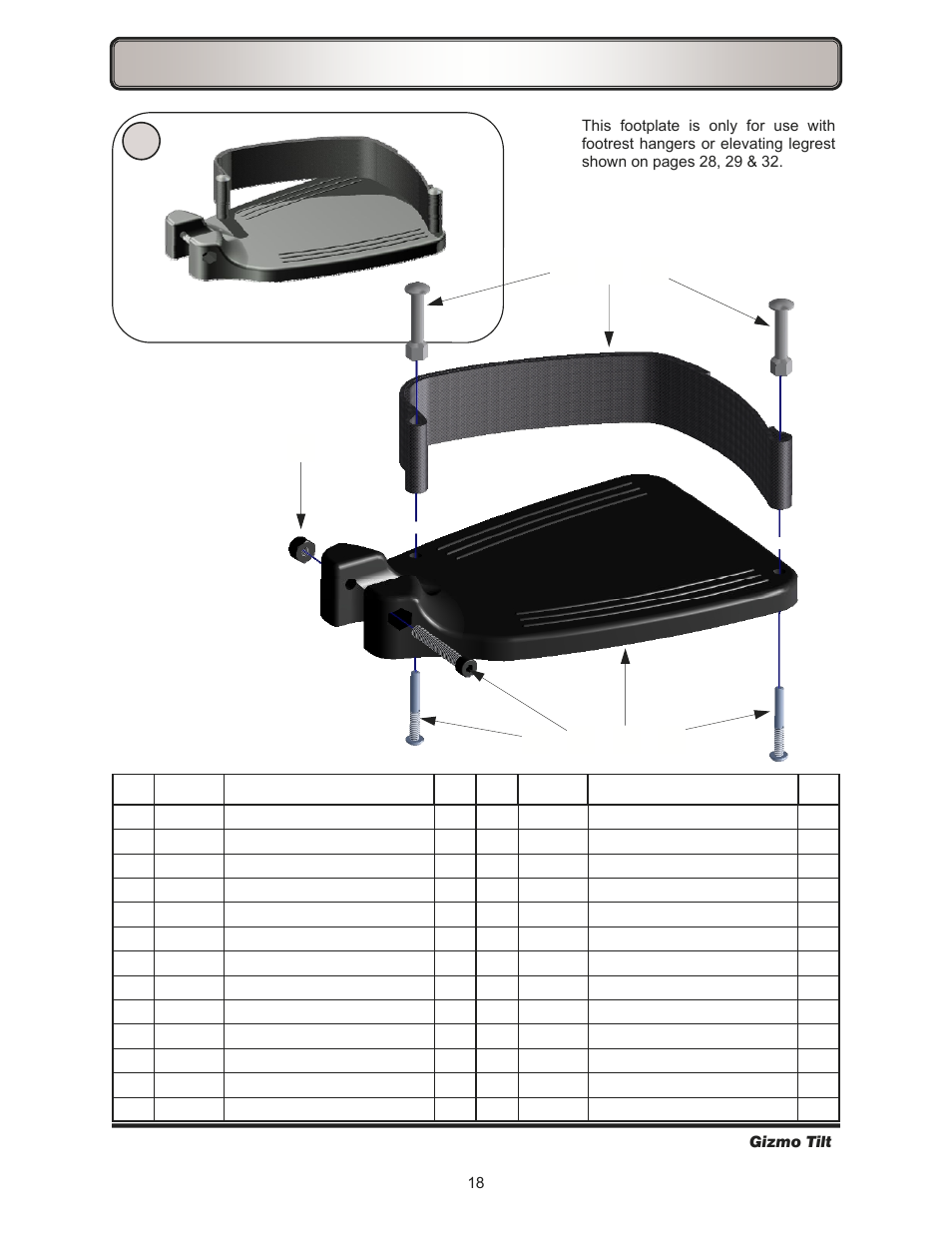 Footrests—composite flip-up footplate | Freedom Designs Gizmo Tilt in Space User Manual | Page 20 / 48