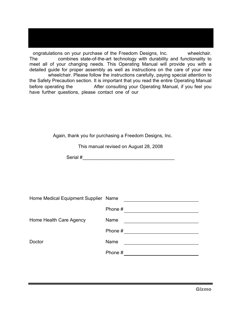 Introduction, Reference phone numbers | Freedom Designs Gizmo Tilt in Space User Manual | Page 3 / 44
