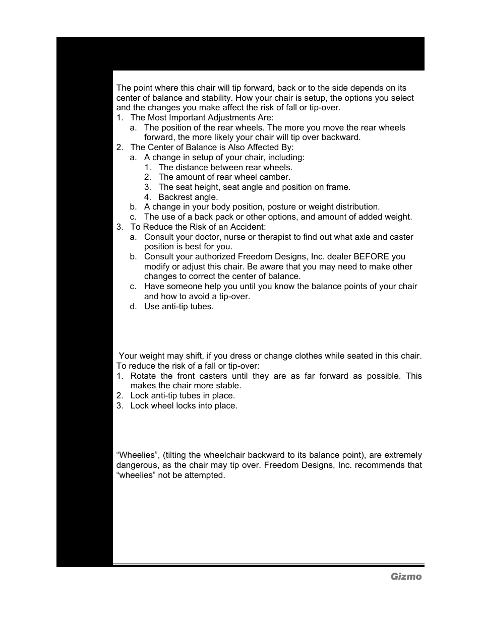 Warning: falls & tip-overs | Freedom Designs Gizmo Tilt in Space User Manual | Page 9 / 44