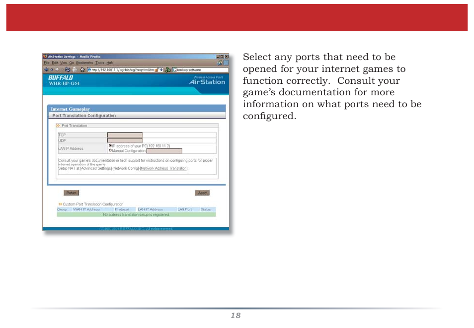 Internet games (port mapping) | Buffalo Technology WZR-G300N User Manual | Page 18 / 89