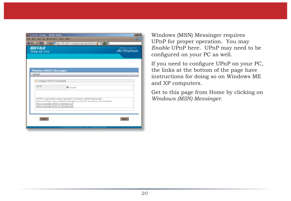 Windows (msn) messinger/upnp | Buffalo Technology WZR-G300N User Manual | Page 20 / 89