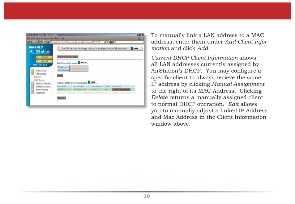 Dhcp server (manual assignment of ip address) | Buffalo Technology WZR-G300N User Manual | Page 30 / 89