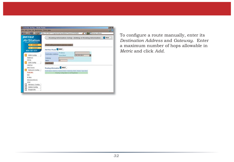 Network confi guration (edit routing information) | Buffalo Technology WZR-G300N User Manual | Page 32 / 89