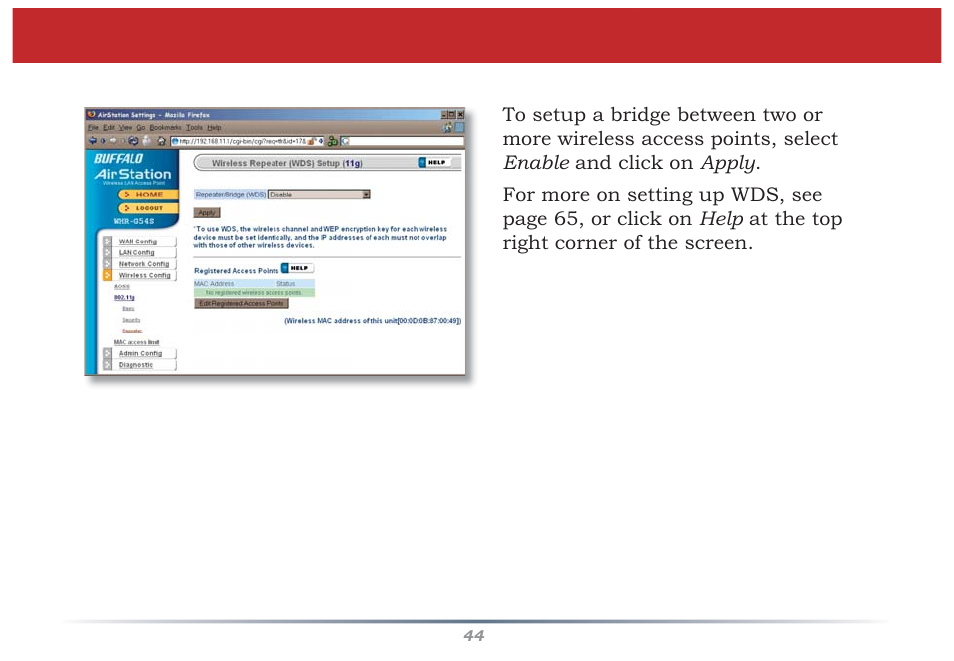 Bridge/repeater (wds bridging) | Buffalo Technology WZR-G300N User Manual | Page 44 / 89