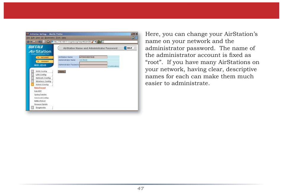 Admin confi guration (name/password) | Buffalo Technology WZR-G300N User Manual | Page 47 / 89