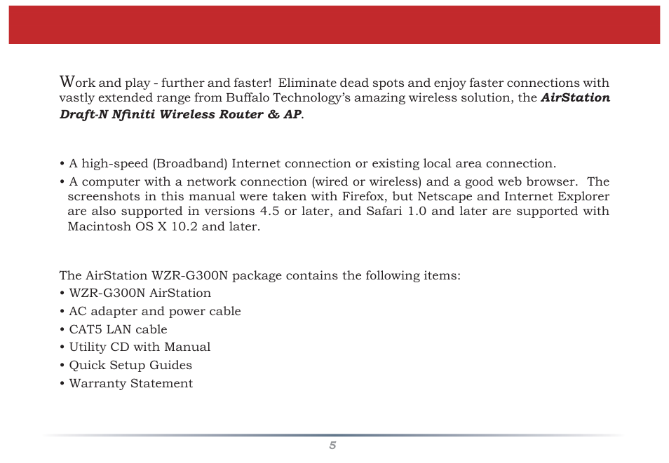 Introduction, System requirements, Airstation wzr-g300n package contents | Buffalo Technology WZR-G300N User Manual | Page 5 / 89