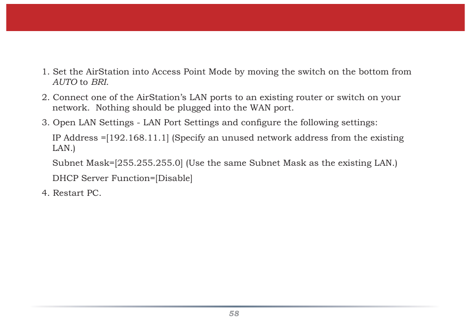 Connecting to a preexisting network | Buffalo Technology WZR-G300N User Manual | Page 58 / 89