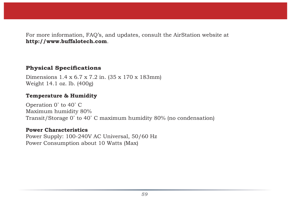 Specifi cations, Wzr-g300n airstation specifi cations | Buffalo Technology WZR-G300N User Manual | Page 59 / 89