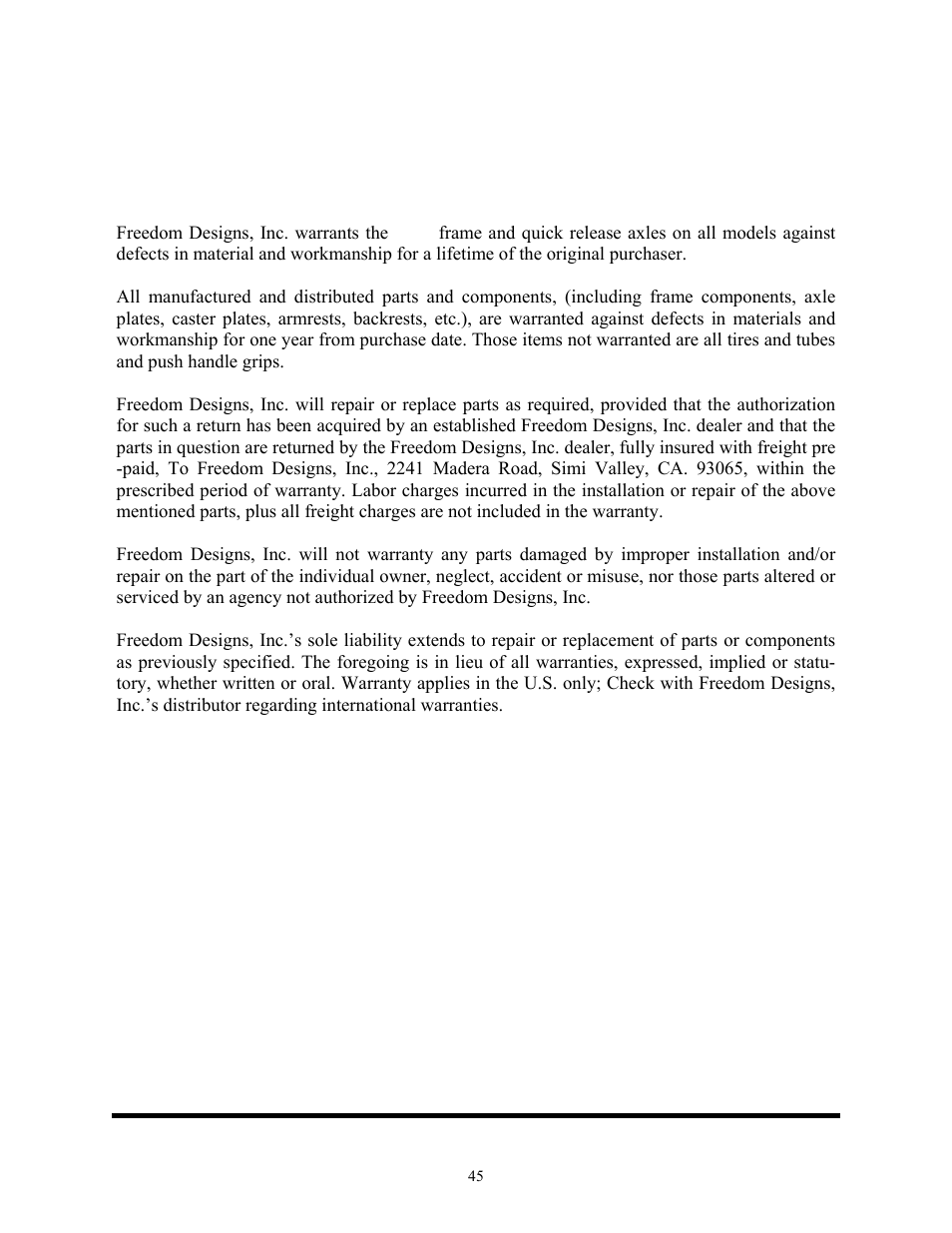 Limited warranty, Sp 3 | Freedom Designs Freedom SP3 User Manual | Page 47 / 48