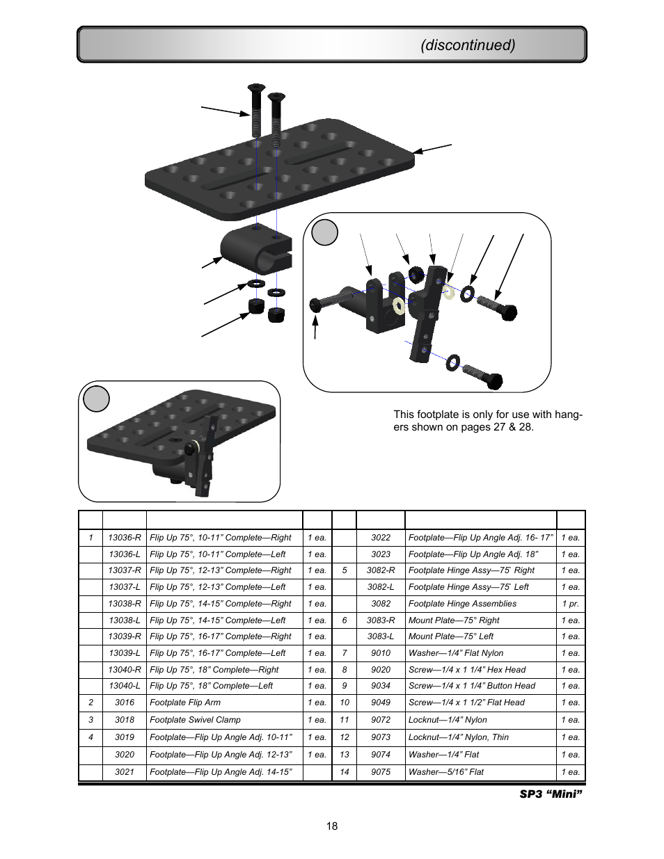 Footrests—75° flip up footplates (discontinued) | Freedom Designs Freedom SP3 Mini User Manual | Page 20 / 40