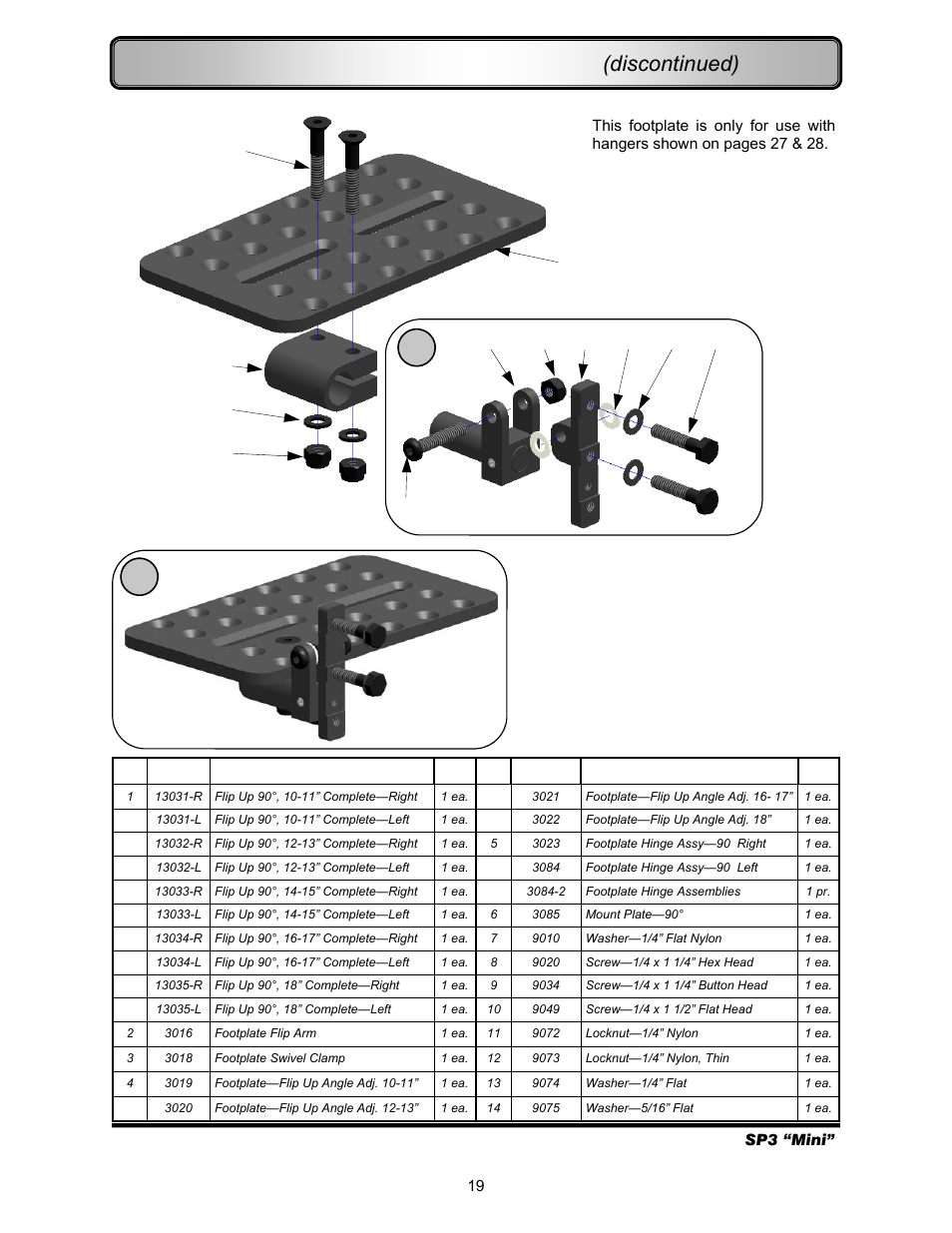 Footrests—90° flip up footplates (discontinued) | Freedom Designs Freedom SP3 Mini User Manual | Page 21 / 40