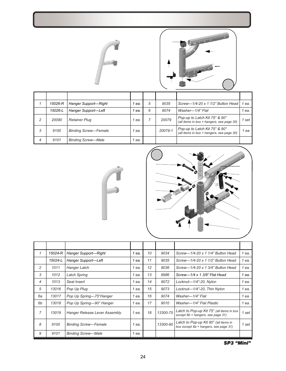 Hangers — complete hanger retro & components, Latch style, Pop up style | Freedom Designs Freedom SP3 Mini User Manual | Page 26 / 40