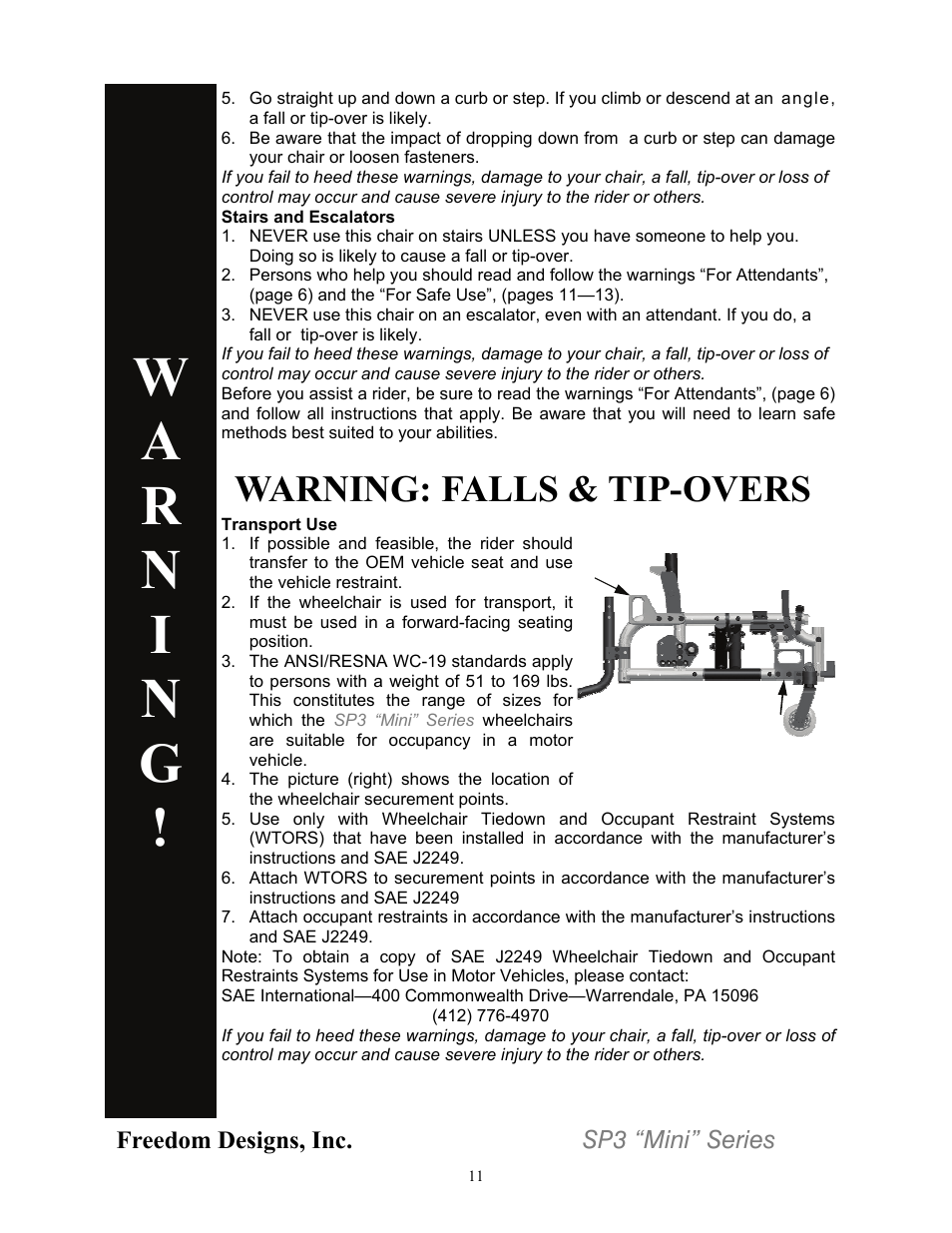 Warning: falls & tip-overs | Freedom Designs Freedom SP3 Mini User Manual | Page 13 / 48