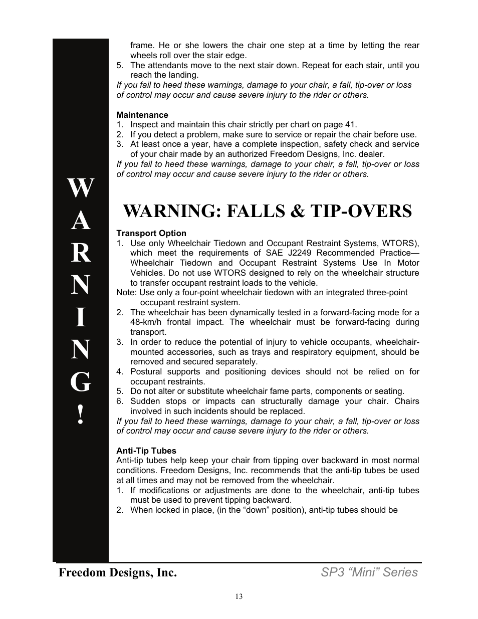 Warning: falls & tip-overs | Freedom Designs Freedom SP3 Mini User Manual | Page 15 / 48