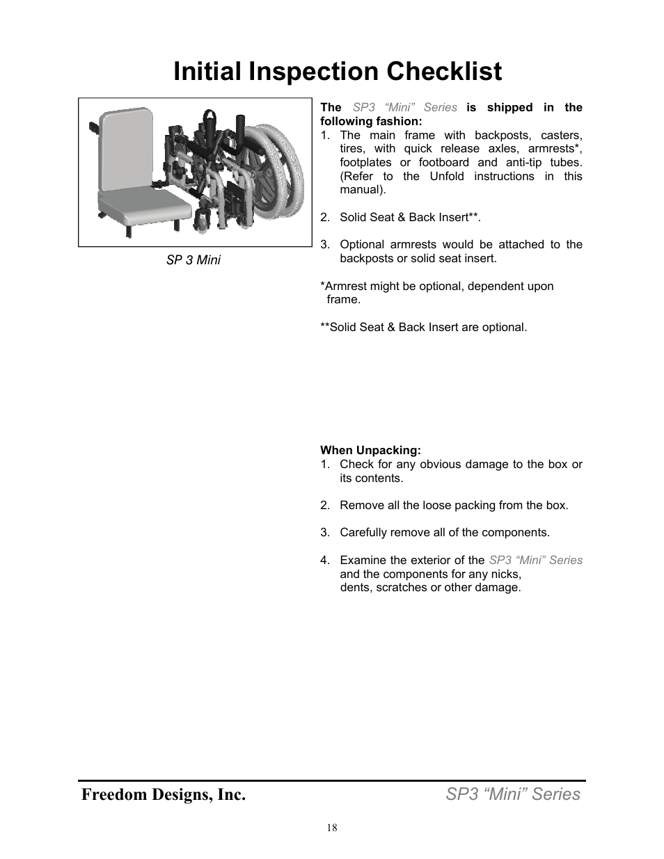 Initial inspection checklist, Freedom designs, inc. sp3 “mini” series | Freedom Designs Freedom SP3 Mini User Manual | Page 20 / 48