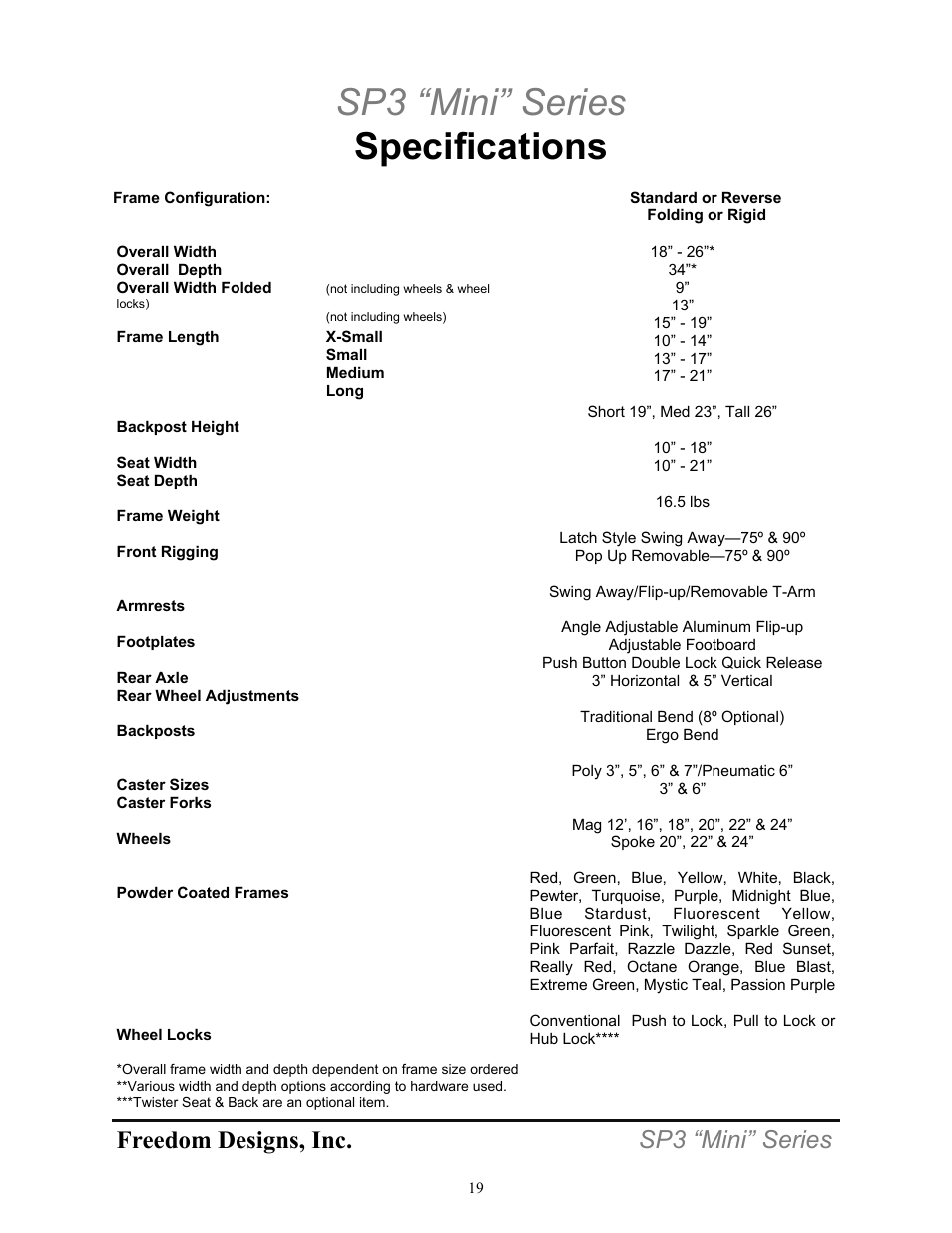 Sp3 “mini” series specifications, Freedom designs, inc. sp3 “mini” series | Freedom Designs Freedom SP3 Mini User Manual | Page 21 / 48