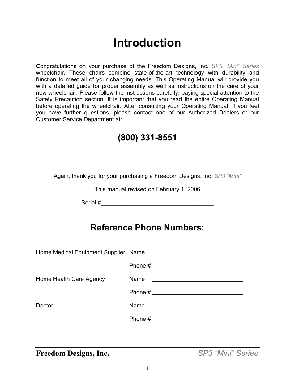 Introduction, Reference phone numbers | Freedom Designs Freedom SP3 Mini User Manual | Page 3 / 48