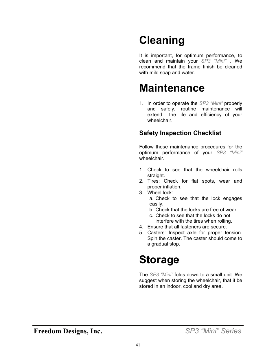 Cleaning, Maintenance, Storage | Freedom designs, inc. sp3 “mini” series | Freedom Designs Freedom SP3 Mini User Manual | Page 43 / 48