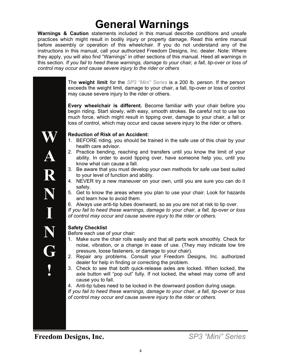 General warnings | Freedom Designs Freedom SP3 Mini User Manual | Page 6 / 48