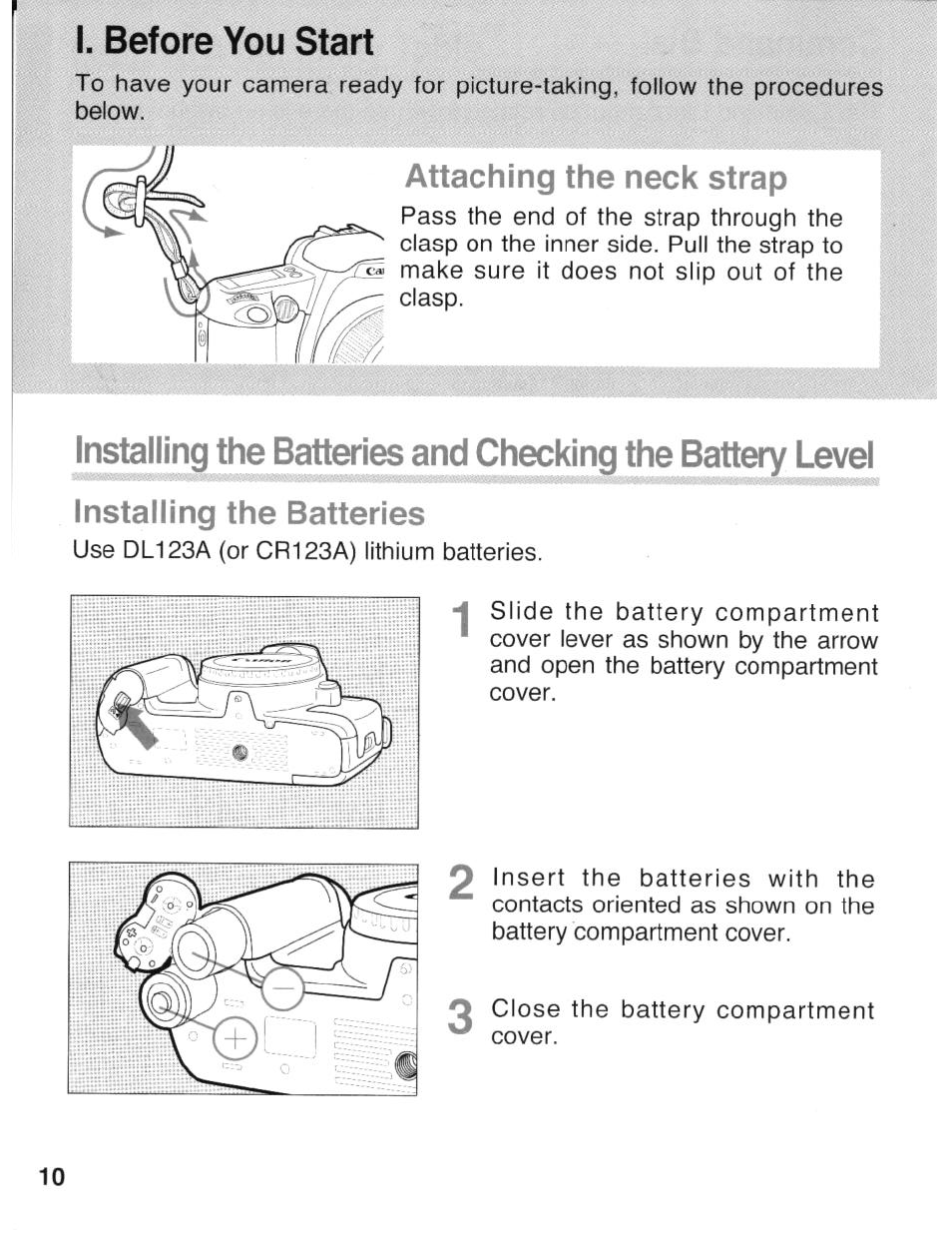 I. before you start, Attaching the neck strap, Installing the batteries | Canon eos rebel g User Manual | Page 10 / 68