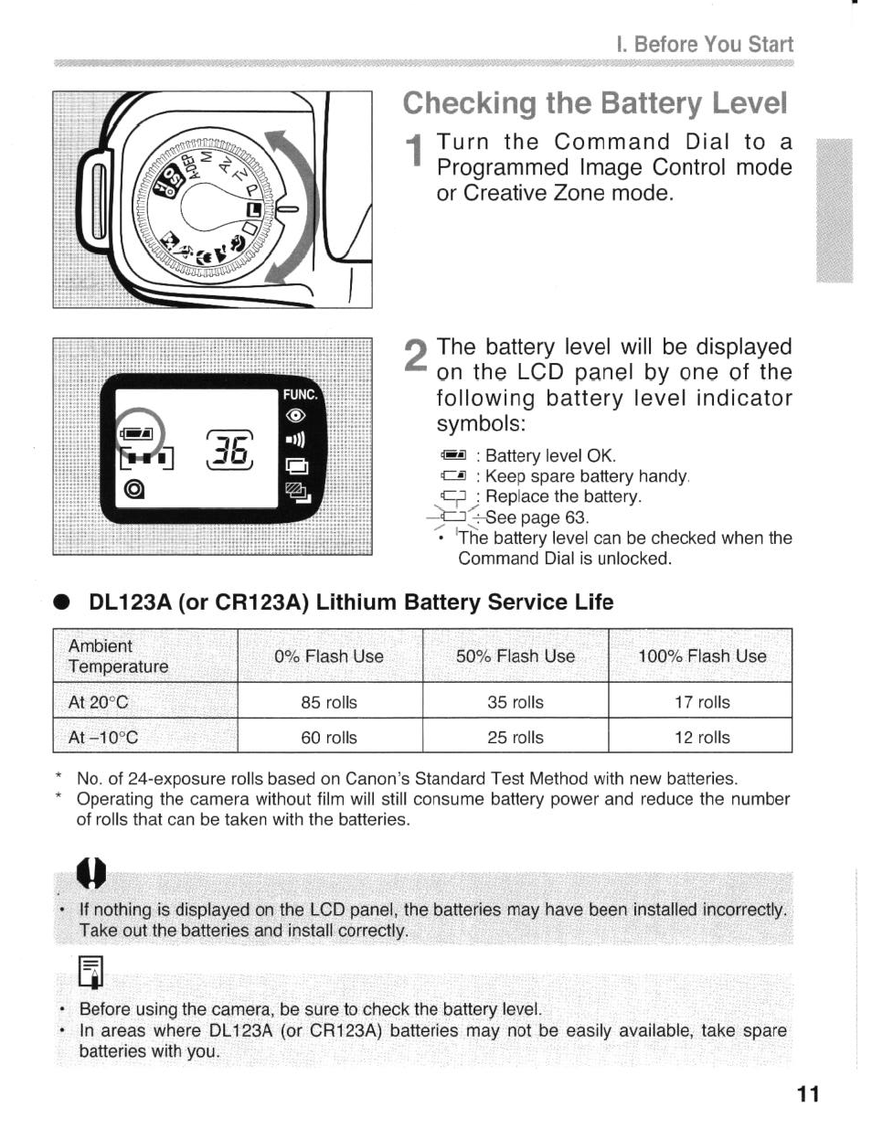 Checking the battery level | Canon eos rebel g User Manual | Page 11 / 68