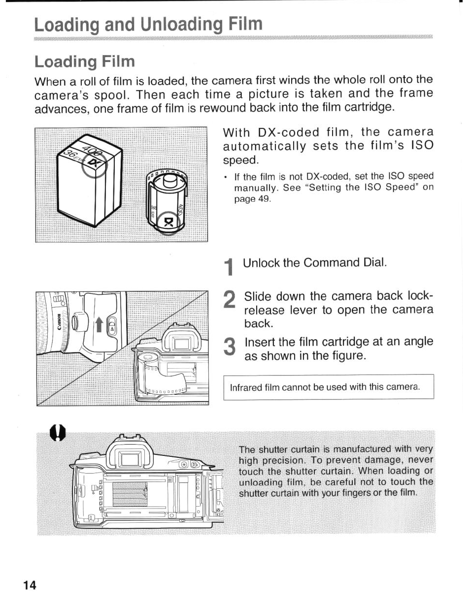 Loading and unloading film, Loading film | Canon eos rebel g User Manual | Page 14 / 68