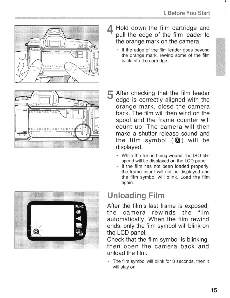 Unloading film | Canon eos rebel g User Manual | Page 15 / 68