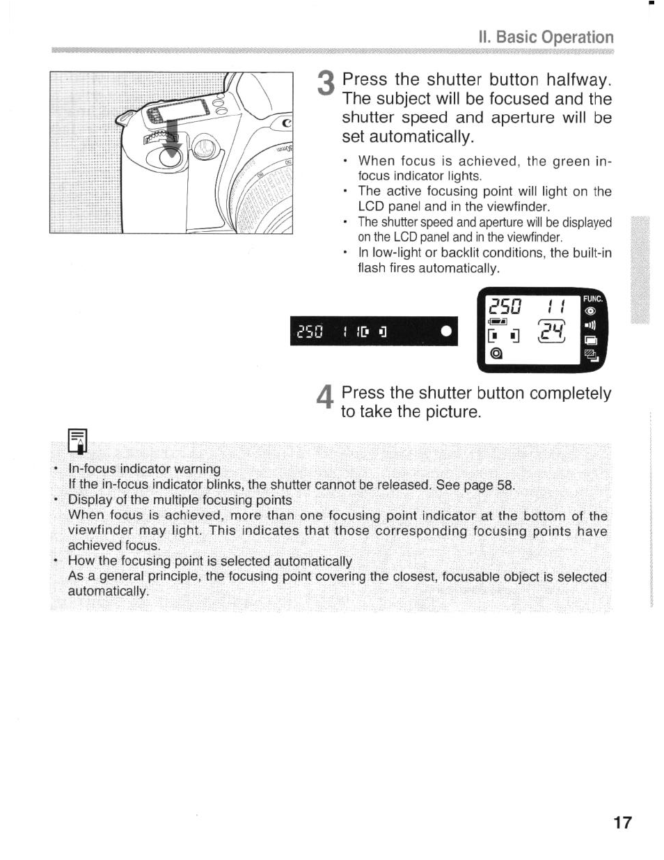 Ii. basic operation, 3 press the shutter button halfway, The subject will be focused and the | Shutter speed and aperture will be, Set automatically | Canon eos rebel g User Manual | Page 17 / 68