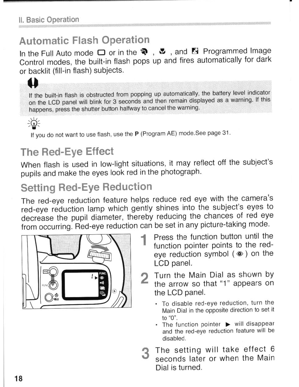 Automatic flash operation, The red-eye effect, Setting red-eye reduction | Canon eos rebel g User Manual | Page 18 / 68