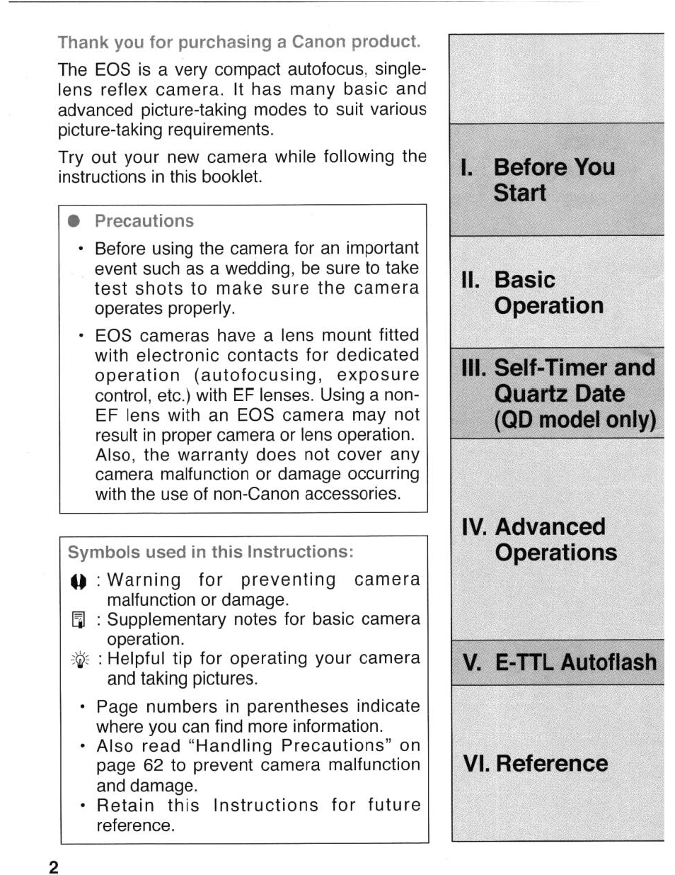 Vi. reference, V. e-ttl autoflash | Canon eos rebel g User Manual | Page 2 / 68
