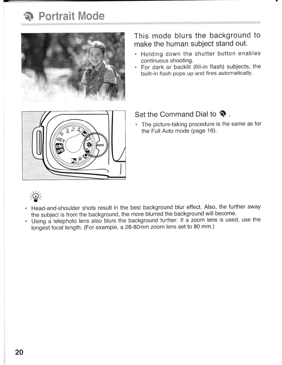 Portrait mode, Set the command dial to | Canon eos rebel g User Manual | Page 20 / 68
